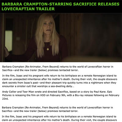 BARBARA CRAMPTON-STARRING SACRIFICE RELEASES LOVECRAFTIAN TRAILER